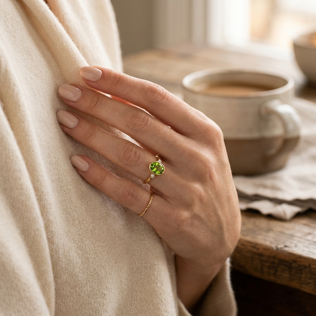 Geburtsstein Ring getragen an eleganter Hand